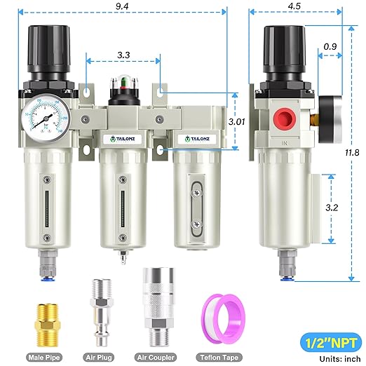 TAILONZ PNEUMATIC 0-240PSI 1/2 Inch NPT Grade Three Stage Industrial Air Drying System, Particulate Filter, Coalescing Filter, Desiccant Dryer and Air Regulator (Automatic Drainage） - AquaVibe