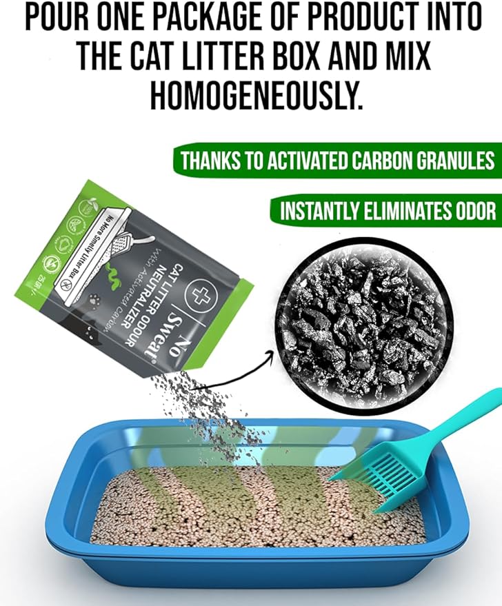 No Sweat Activated Carbon Cat Litter Odour Neutralizer- Made Of Coconut Shell -All Natural - None Chemical,Toxic Ingredients- Non-Scented-Planet Friendly-Disposable 10 Packs in One Box 250 GR - AquaVibe