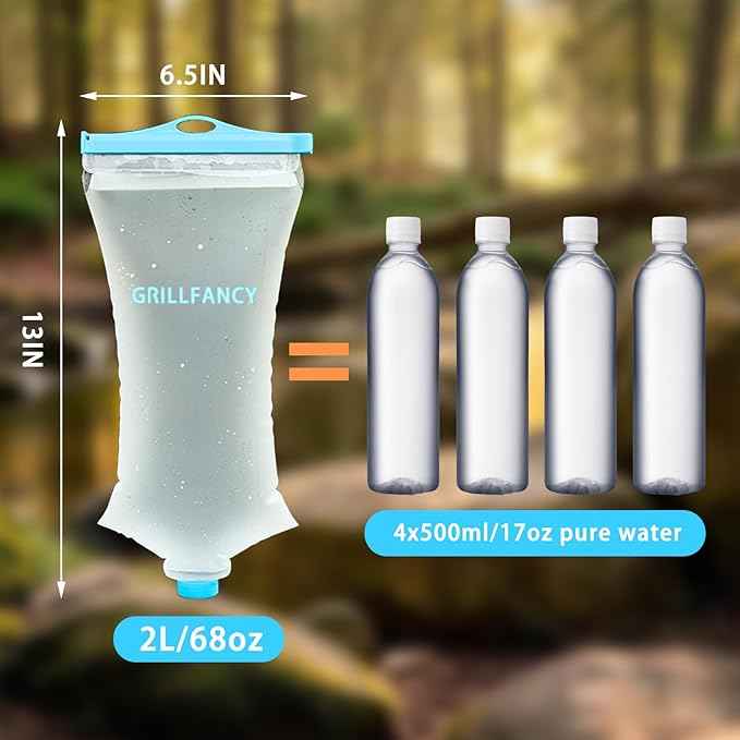 Water Bag 2L Durable TPU Material, BPA & PVC Free Squeeze Pouch, Collapsible Hydration Canteens for Camping Hiking Cycling Fishing or Traveling Suitable for Sawyer Squeeze Water Filter