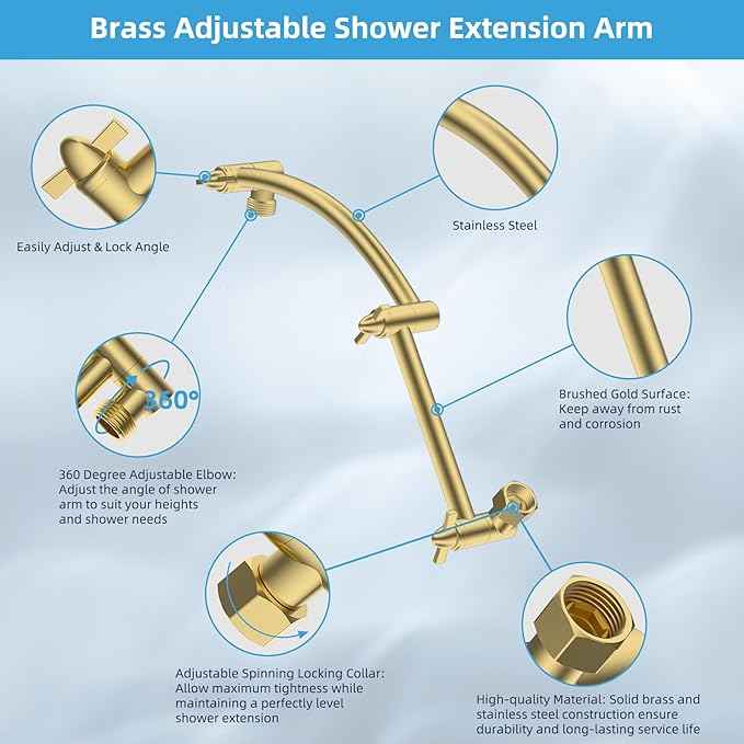 Hibbent All Metal cUPC Certified Rain Shower Head, 10'' High Pressure Rainfall Showerhead with 16" Shower Head Extension Arm, Brass Adjustable Shower Arm Extender, fixed Showerheads, Brushed Gold