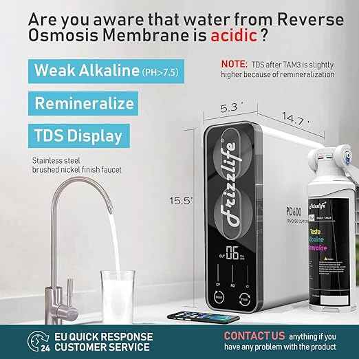 Frizzlife Reverse Osmosis Water Filter - Alkaline Mineral pH+, NSF/ASNI 58&53&42&372 Standard, 600GPD Tankless RO Reverse Osmosis System, Under Sink, 2:1 Pure to Drain, Reduce FPAS/PFOA, PD600-TAM3