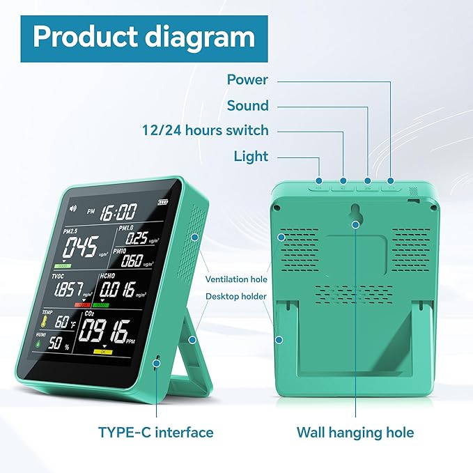9-in-1 Professional Indoor Air Quality Monitor Portable PM2.5/PM10/CO2, Temperature, Formaldehyde Detector, Humidity TVOC,Time Display Air Quality Tester - Confined Space Clean Air Monitor (Green)