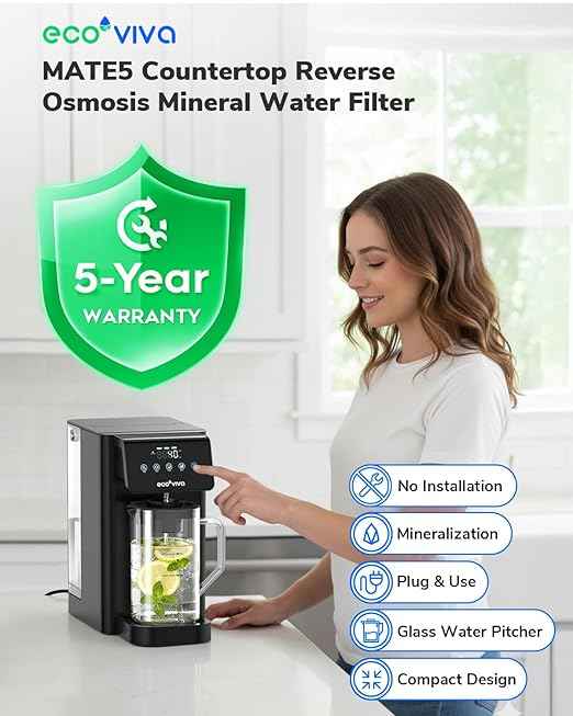 Ecoviva Mate 5 Countertop Reverse Osmosis Water Filter, 8-Stage RO Water Filtration System with 40 oz Water Pitcher, Alkaline Mineralization pH+, Compact Design, Black