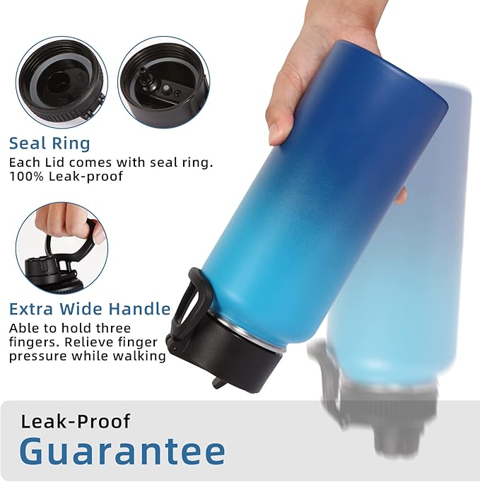 Volhoply 32 oz Water Bottles Bulk 2 Pack with Straw Lid & Spout Lid,Insulated Sports Water Bottle,Double Wall Vacuum Stainless Steel Cups,Leak proof Wide Mouth Metal Flask for Travel(Green Blue,2)