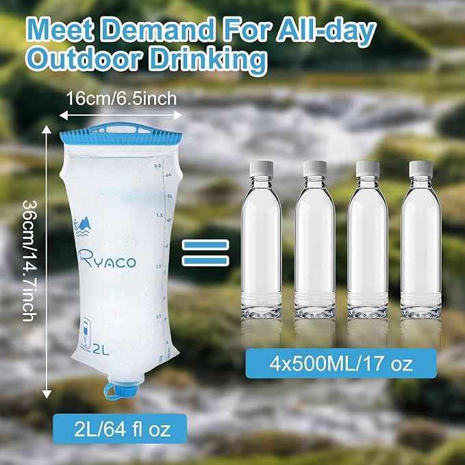 RYACO Water Bag 2L Compatible with Sawyer Squeeze Water Filter, Outdoor Water Container, Water Filter Bag with Durable TPU Material Collapsible Hydration Canteens for Camping Hiking Cycling Fishing