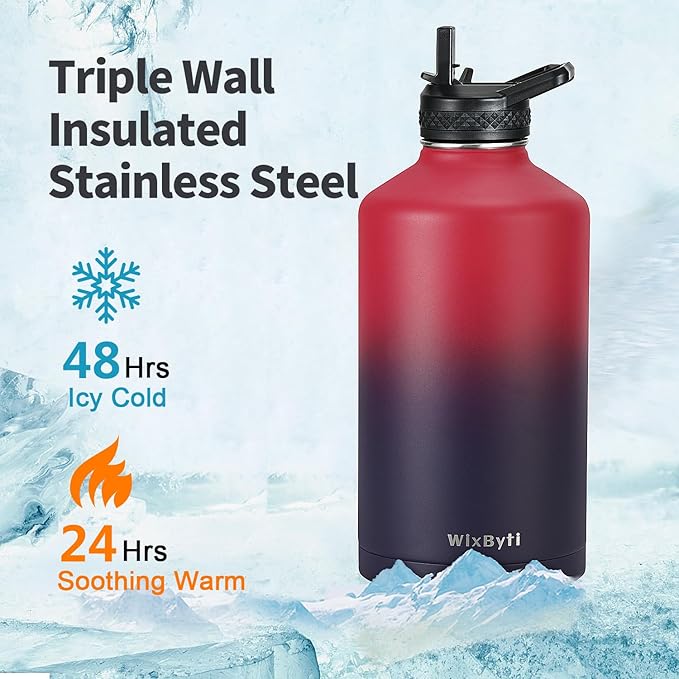 One Gallon Water Bottle Insulated, Triple Wall Vacuum Cold for 48 Hrs & Leak-proof & Non-BPA, 128oz Christmas Stainless Steel Gifts Water Jug with Paracord Handle Straw Spout Lids