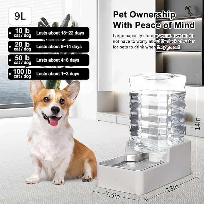 RIZZARI Stainless Steel Pet Water Feeder: 9L Gravity Leak-Proof Auto Refill Water Dispenser - 304 Stainless Steel Bowl - Hygienic & Rust-Resistant - No Filter - for 30-60 LB Dogs - Home/Office