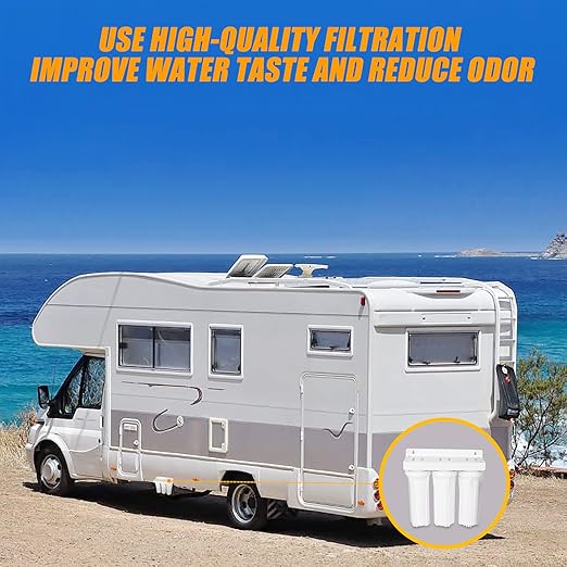 External RV Filter System RV Water Filter Store System Install with Bracket, 3-Stage RV Water Purifier Filtration System Compatible with Marines Boats and RVs