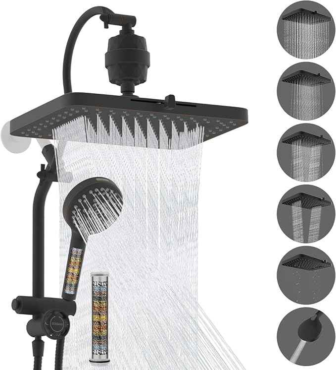 Hibbent 5-spray Dual Filtered Rainfall Shower Head Combo, High Pressure 13'' Showerhead with 10 Spray Handheld, Easy Reach 4-way Diverter Arm with Pause Mode, 71'' Hose & Holder, Oil-Rubbed Bronze