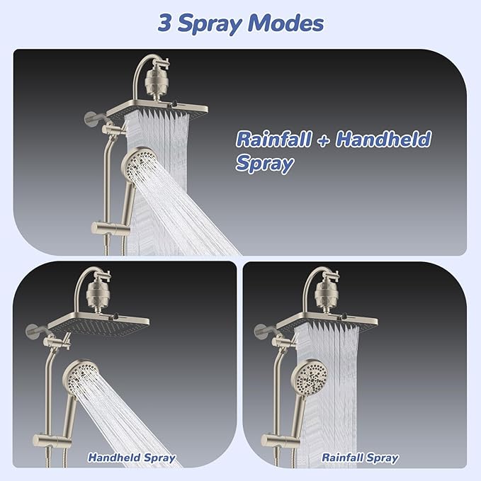 Hibbent 5-spray Filtered Rainfall Shower Head Combo, High Pressure 13'' Showerhead with 10 Spray Modes Handheld, All Metal 3 way Diverter Shower Arm, 71'' Hose and Holder, Brushed Nickel