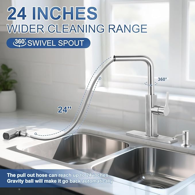 Kitchen Faucet with Pull Down Sprayer: ALEASHA Waterfall Kitchen Sink Faucet with 3 Function Pullout Sprayer, Single Hole for RV/Bar, 360° Swivel Faucets with Spout Soap Dispenser, Brushed Nickel