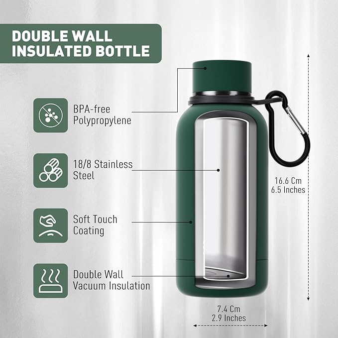 Exllena Small Water Bottle 12oz with Clip, Double Wall Stainless Steel Vacuum Small Insulated Water Bottle Keeps Drinks Cold 24 Hrs/Hot 12 Hrs for Kids Handbag School BPA Free (Emerald Green)