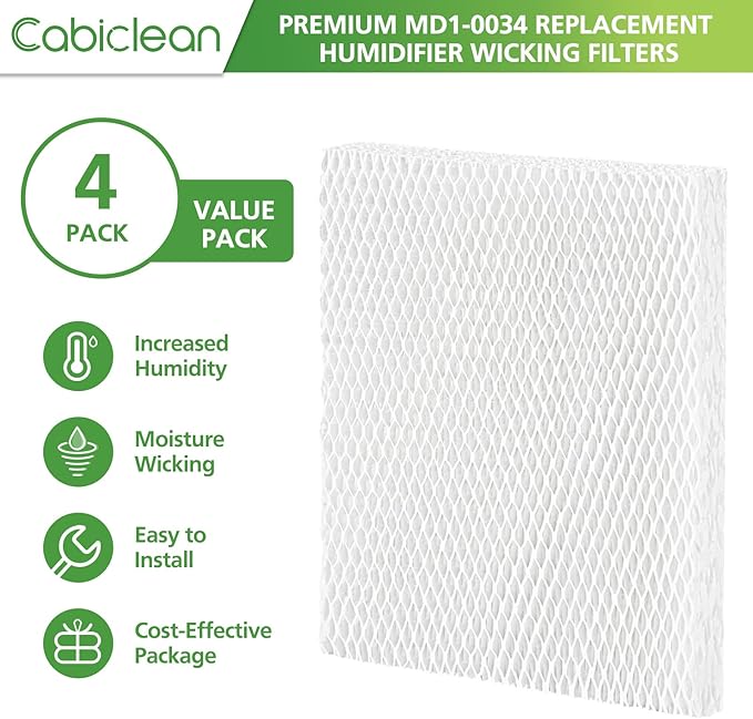 Cabiclean MD1-0034 Replacement Humidifier Wicks Filters Compatible with Vornado Evaporative Humidifier Model Evap40, Evap2, EV100, EV200, EVDC300, EVDC500, (4-Pack)