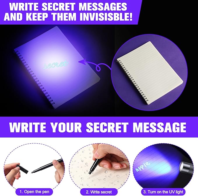 Tegeme 8 Pcs Black Light Markers Set 4 Invisible Ink Pen 4 Mini UV Flashlights Invisible Ink Marker Disappearing Pen for Spy Gadgets Secret Message Gift Party Favors(Grey and Black)
