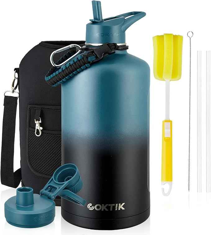 128 oz Insulated Water Bottle, Triple Wall Stainless Steel Flask, Keeps Drinks Cold for 48 Hrs Leak-Proof & BPA-Free Half Gallon Jug with Paracord Handle, Straw & Spout Lids(Indigo Black)
