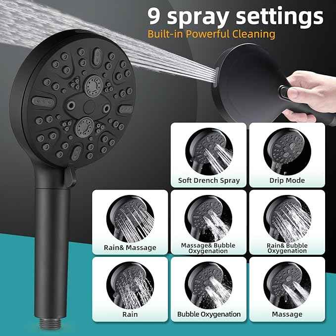 Cobbe Filtered Shower Head, High Pressure 9 Spray Mode Handheld Shower Head with Filter Built-in Power Wash with Hose and Water Softener for Hard Water Remove Chlorine, Matte Black
