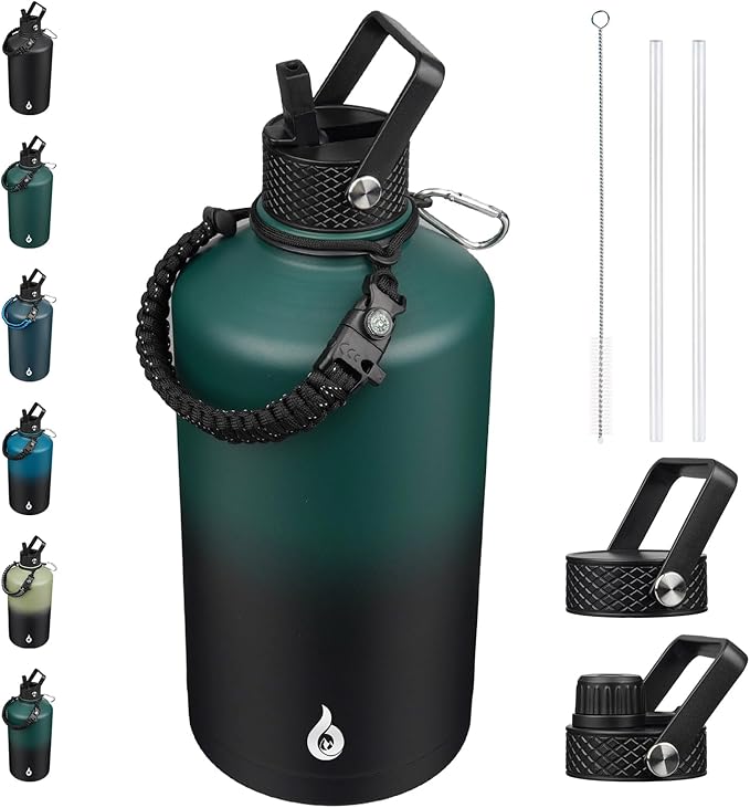 BJPKPK 1 Gallon Water Bottle with Straw Lid, 128oz Large, Stainless Steel Water Bottles with 3 Lids and Paracord Strap, Double Wall Vacuum Metal Water Jug, Army Green & Black