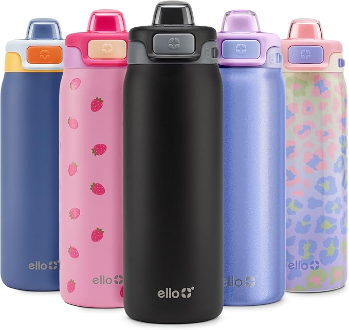Ello Pop & Fill 18oz Stainless Steel Kids Water Bottle with Quick Fill Lid | Vacuum Insulated BPA Free Bottle with Leak Proof Straw and Chug Lid, Dishwasher Safe, Gift For Kids Teens, Tonal Black