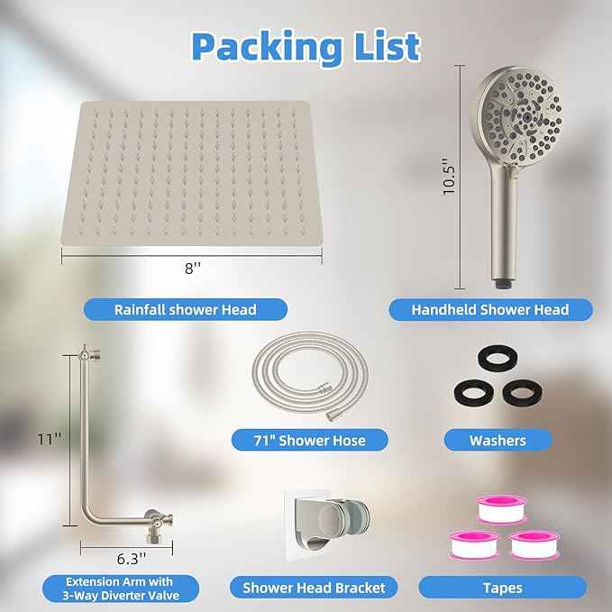 All Metal Shower Head, 8" High Pressure Rainfall/Handheld Shower Combo with 11" Extension Arm, 10-Spray Handheld Showerhead, 71" Long Hose, 3-Way Diverter Valve, Brushed Nickel