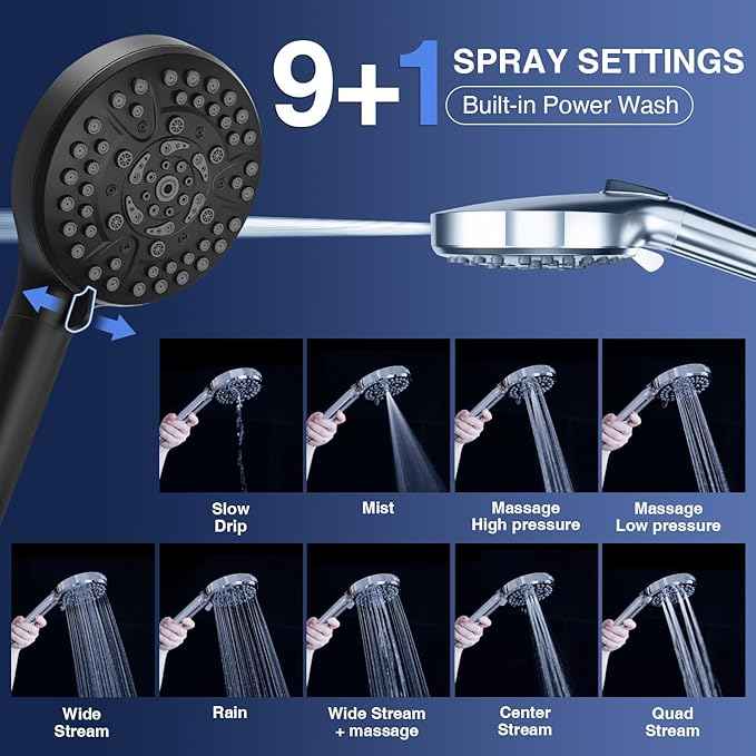PALAS Filtered Shower Head with Handheld, High Pressure 10-Mode with Filters, Built-in Power Wash, soften hard water Remove Chlorine, Reinforced Hose, Overhead Bracket, Anti-clog nozzle (Matte Black)