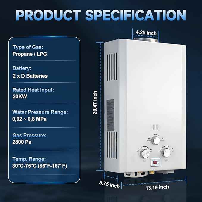 Propane Tankless Water Heater, 4.74 GPM 18L Outdoor Portable Instant Water Heater with Digital Display and Multi-Protection for RV, Camping, Cabins