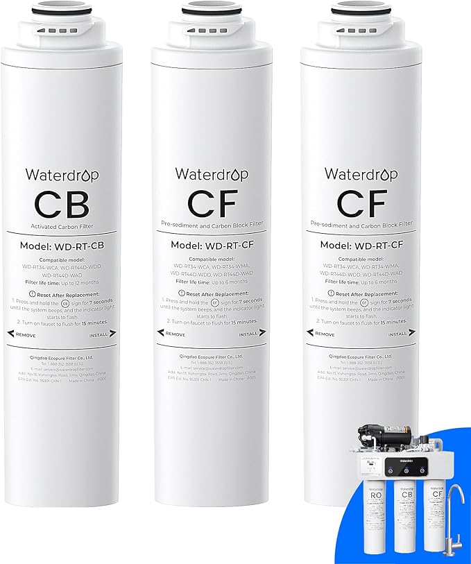 Waterdrop 𝐖𝐃-𝐓𝟑-𝐑𝐂 Replacement Filter 1-Year Combo, Pack of 2 CF Filters and 1 CB Filter, Replacement for 𝐖𝐃-𝐓𝟑-𝐂 Tankless Reverse Osmosis Water Filter System (𝟐*𝐂𝐅 + 𝟏*𝐂𝐁)