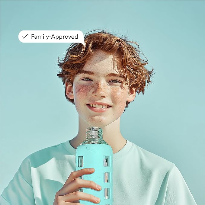 purifyou 40oz / 32oz / 22oz / 12oz Borosilicate Glass Water Bottle with Time & Volume Markers, Silicone Sleeve, Stainless Steel Lid | Reusable Glass Bottle for Water & Juice (32oz Glow-in-the-Dark)