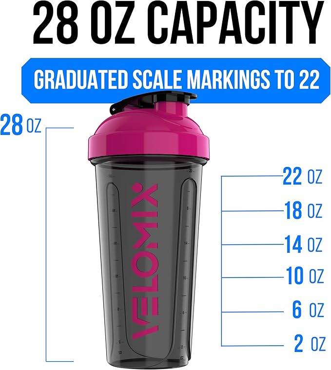 VELOMIX -2 Pack- 28 oz Protein Shaker Bottles for Protein Mixes - 2x Wire Whisk | Leak Proof Shaker Cups for Protein Shakes | Protein Shaker Bottle Pack (Black/Pink)