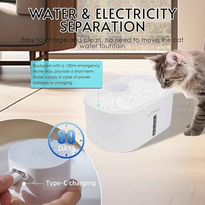 Lychee Wireless Cat Water Fountain, Silent Pump Pet Fountain with Motion Sensor,2.5L/84oz Battery Powered Water Dispenser with 4 Filter, Electricity Separated Design, Easy to Clean