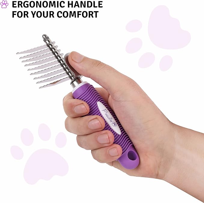 Poodle Dematting Fur Rake Comb Brush for Dogs and Cats - Long 2.5" Steel Safety Blades Metal Comb for Detangling Matted or Knotted Undercoat Hair - AquaVibe