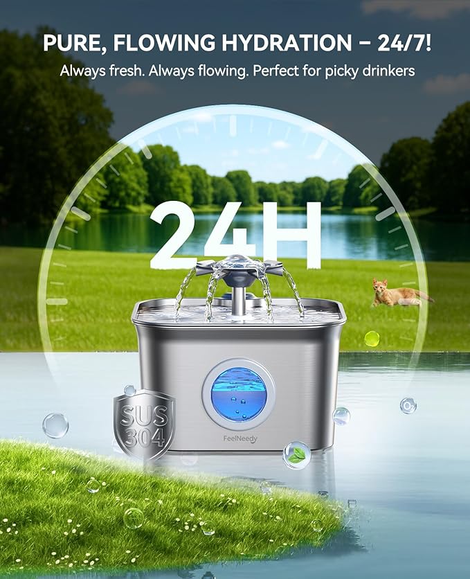 Stainless Steel Cat Water Fountain, 2.8L with 20dB Ultra-Quiet Pump- Ideal for Timid Pets, LED Water Level Window, Dishwasher Safe, 24/7 Circulation- Includes 6 Replacement Filters