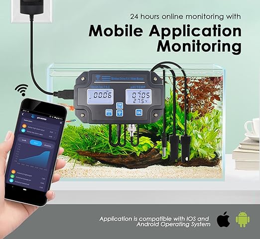 Smart Water Quality Tester 6-in-1 pH/EC/TDS/Salinity/S.G and Temperature Meter with Wi-Fi Continuous Monitor Wall-Mounted pH Water Meter with ATC and Easy Calibration for Aquariums, Hydroponics