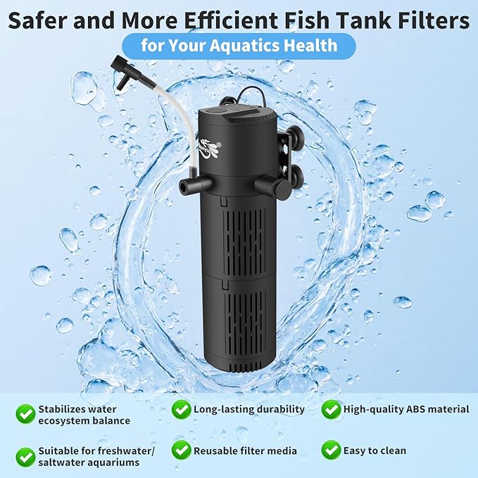 Aquarium Filter, Fish Tank Filter 4-in-1 for 40-120 Gallon Tanks, Submersible Internal Filter with Wave-Maker, Oxygenation & Adjustable Air Flow for Freshwater/Saltwater/Turtle Tanks (12W)