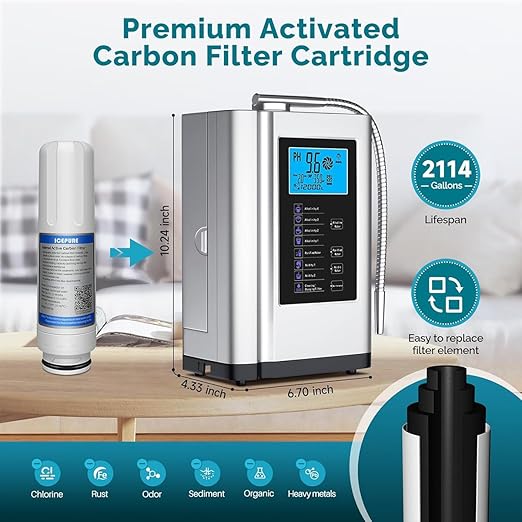 Alkaline Water Ionizer Machine 729, Built-in a Filter, Produces pH 4-10.5 Water, 7 Water Settings, Up to -570mV ORP, 8000L Per Filter, Silver