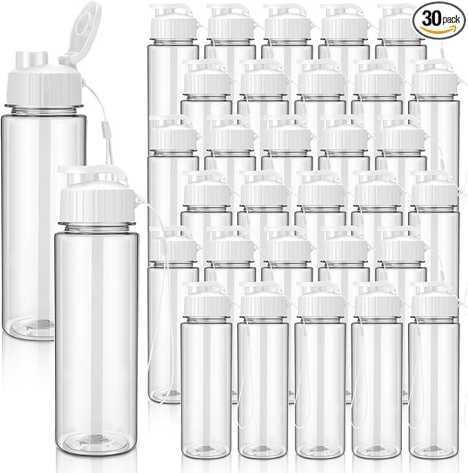 Maxcheck 30 Pieces Water Bottle Bulk 17 oz Plastic Sports Water Bottles Bulk with Handle Strap Lightweight Leakproof Drink Flip Top for Adults Fit Gym(Classic Style,White)