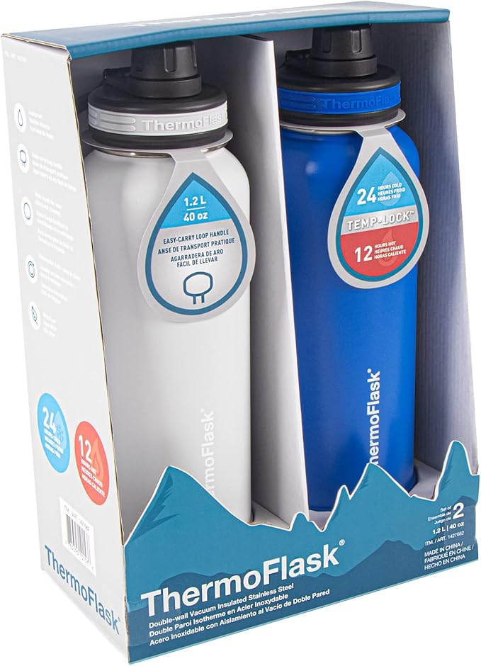 ThermoFlask Stainless Steel Water Bottles 2-Pack - Double-Wall Vacuum Insulated 40 oz BPA-Free Spout Lids - Keeps Drinks Cold 24 Hrs, Hot 12 Hrs - Leakproof, Dishwasher Safe, Ice Grey/Azure