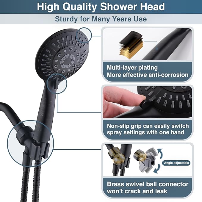 BRIGHT SHOWERS 9 Spray Settings Shower Head with Handheld High Pressure Oil-Rubbed Bronze Hand Held Showerhead with 60 Inch Stainless Steel Hose and Adjustable Overhead Bracket - AquaVibe