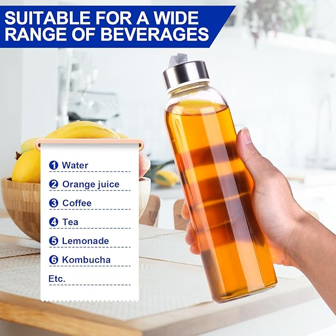 3 Packs Glass Water Bottles with Lid Clear Juice Bottles Reusable Bottle with Stainless Steel Cap Glass Cups Liquid Storage Containers for Juicing Beverage Refrigerator Travel-17oz