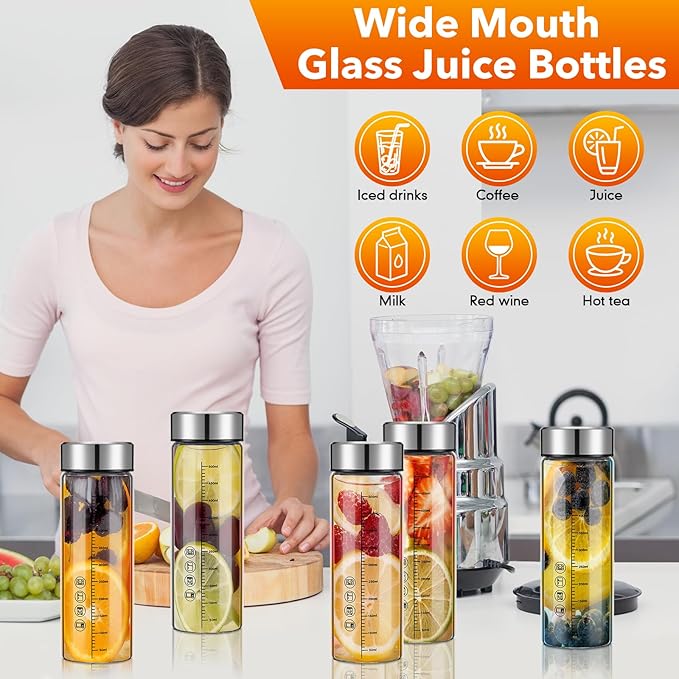 Vesici 6 Pack Wide Mouth Glass Juice Bottles Glass Water Bottles with Lids and Sleeve for Juicing Smoothies Milk Protein Infused Water Reusable Leakproof Borosilicate Bottle (16 oz)