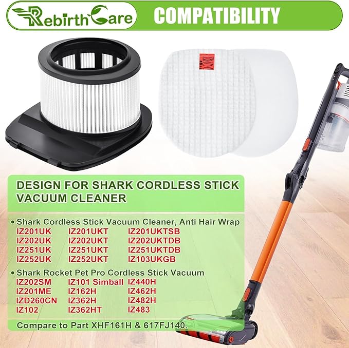IZ361H Filter Replacement for Shark Rocket Pet Pro IZ162H, IZ361H, IZ362H, IZ363HT, IZ440H, IZ441H, IZ462H Cordless Stick Upright Vacuum, Part XHF161H & 617FJ140, 2 Filters & 4 Foam Felt Kit - AquaVibe