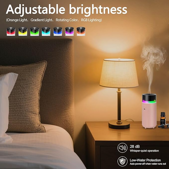 Portable Diffuser for Essential Oil,Cordless Cool Mist Aromatherapy Car Diffuser,Built-in 3000mAH Rechargeable Battery,4/8 Timer Modes, Auto On/Off with Car,for Home,Office,Travel(Pink)