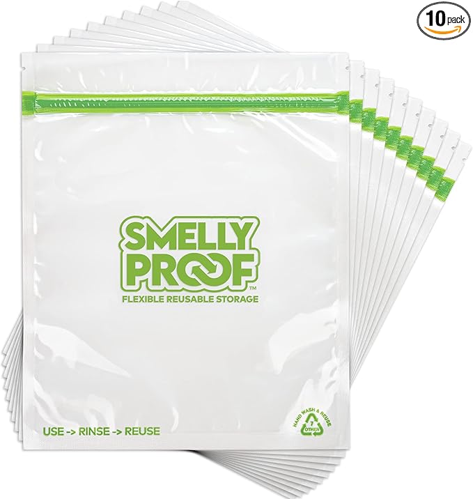 Smelly Proof Reusable Food Storage Bags Designed & MFG, USA MADE, Dishwasher-Safe, Easy-To-Clean, BPA FREE, NO PEVA, Clear FLAT Large 3-mil Thick, 8.5" x 10", Quart Size Bags, 10-Pack