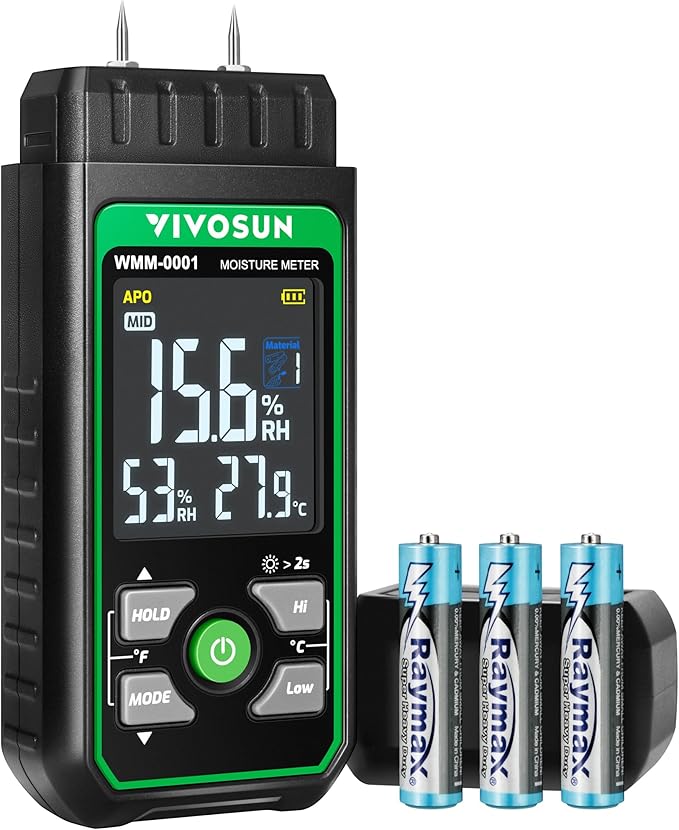 VIVOSUN Wood Moisture Meter, 3-In-1 Pin-Type Digital Moisture Tester, Ambient Temp & Humidity Tester, 7 Modes, Color Backlit Screen, for Wood, Walls, Bricks, Dried Flowers