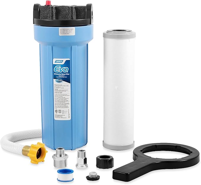 Camco Evo RV Water Filter - Features Granulated Activated Carbon for Bacteria Control & a Replaceable Premium Spun Polypropylene Filter Cartridge - Camper Essentials for Clean Drinking Water (40631)