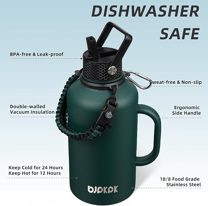 BJPKPK Half Gallon Insulated Water Bottles with Straw Lid & Side Handle, 64oz Large, Stainless Steel Water Bottles with 3 Lids and Paracord Strap, Metal Water Jug,Army Green