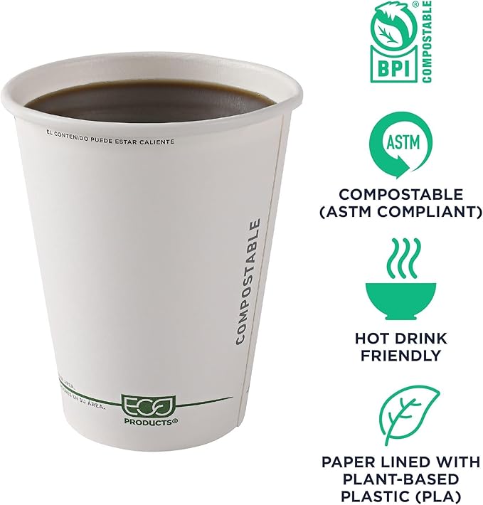 ECO PRODUCTS Compostable Disposable GreenStripe 12oz Coffee Cups, Case of 1000, White Single Wall Hot Paper Cup, Plant Based PLA Lining, Biodegradable