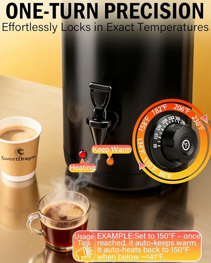 Electric Insulated Beverage Dispenser With Heating – 75 Cup Hot & Cold Drink Water Urn with Spigot – 12 L / 3.2 Gallon Stainless Steel Hot Coffee & Tea Drink Dispenser for Catering, Juice, Milk, Black