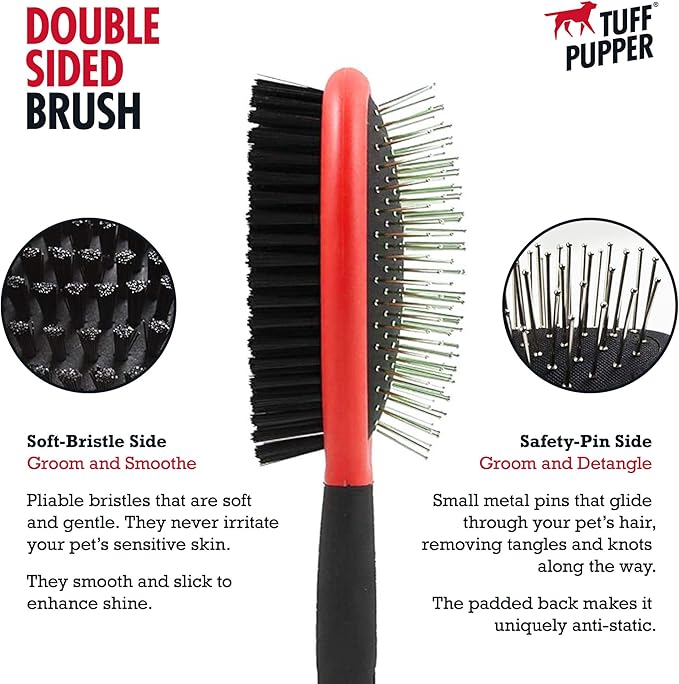 Tuff Pupper Double Sided Dog Brush, Detangling Tool for Dogs and Cats, Pin & Bristle Pet Brush, for and Hair Types, With Comfort-Grip Anti-Slip Handle, Brown, Black, White - AquaVibe