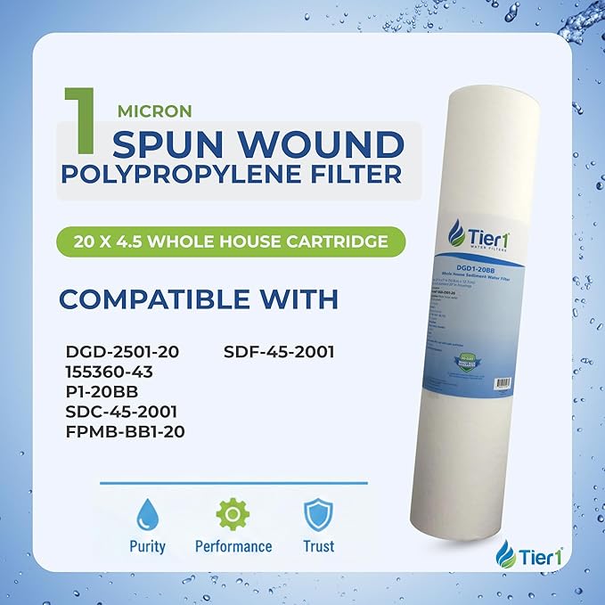 Tier1 1 Micron 20x4.5 Water Filter | Spun Wound Polypropylene Whole House Cartridge | Replacement for Pentek DGD-2501-20, 155360-43, P1-20BB | Sediment & Rust Filtration | 4.5 x 20 Water Filter (3pk)