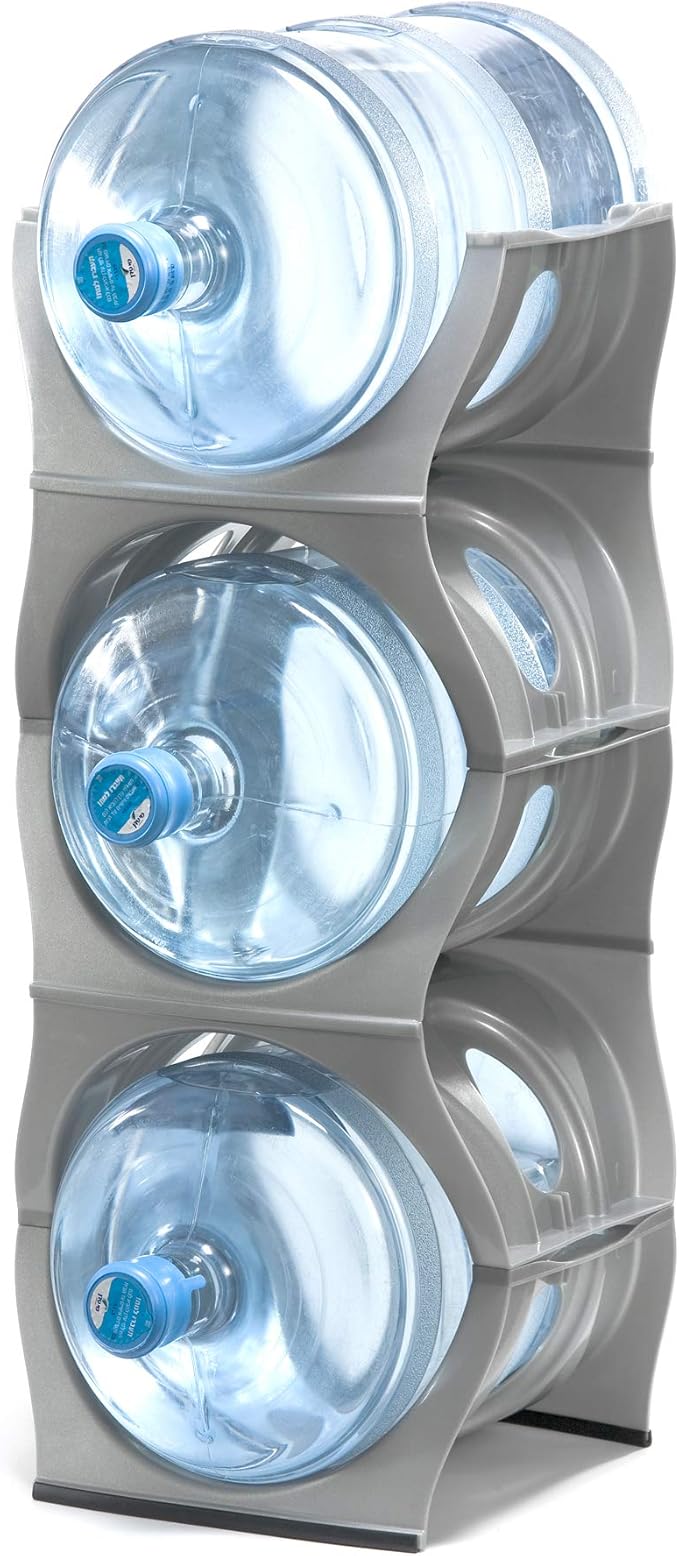 Bariboo Stackable Water Bottle Storage Rack Best Water Jugs 5 Gallon Organizer. Jug Holder for Kitchen, Cabinet and Office Organizing. Reinforced Polypropylene (Silver, 3 No Shelf)